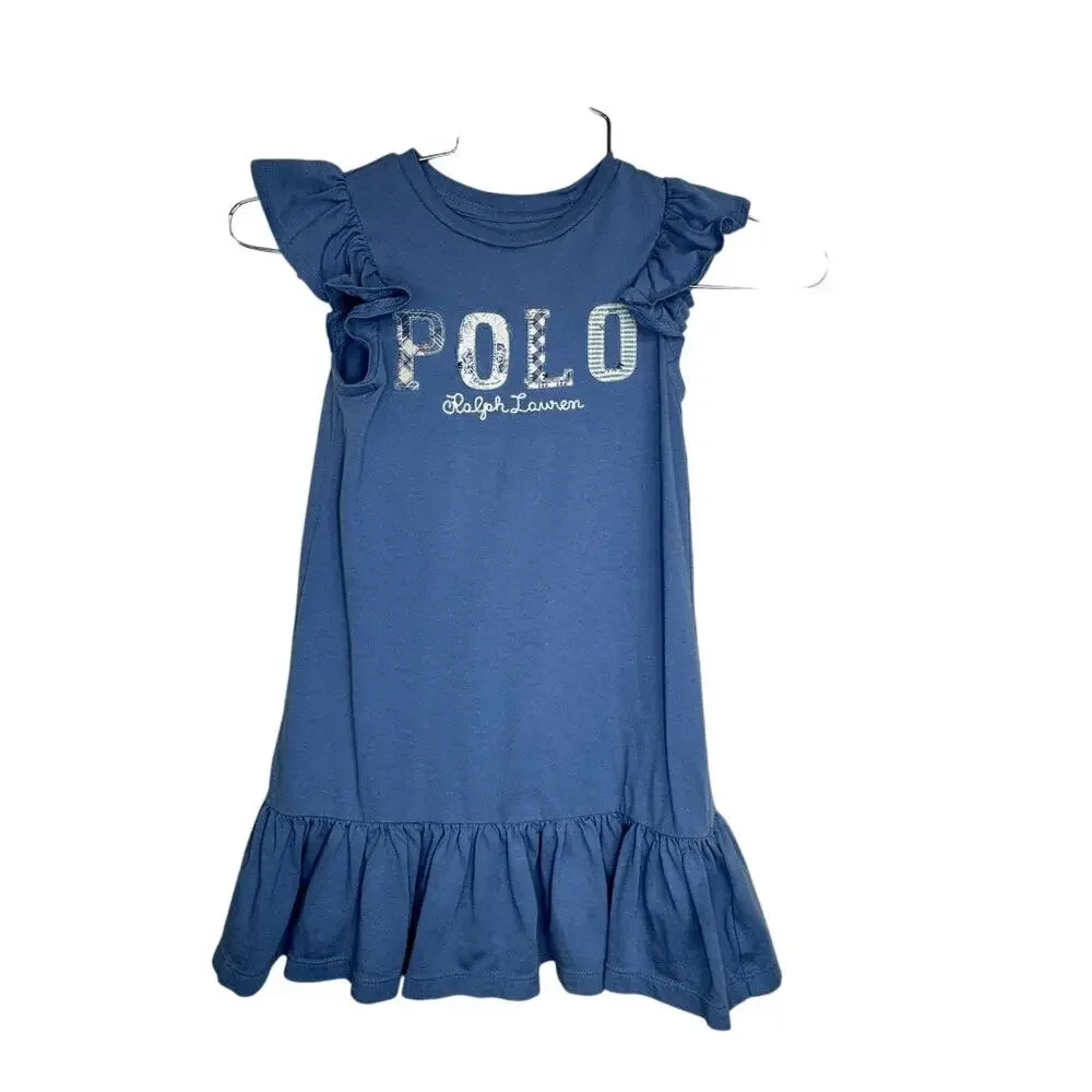 458. Polo Ralph Lauren Logo Ruffle Hem Dress Girls Size 4 Blue